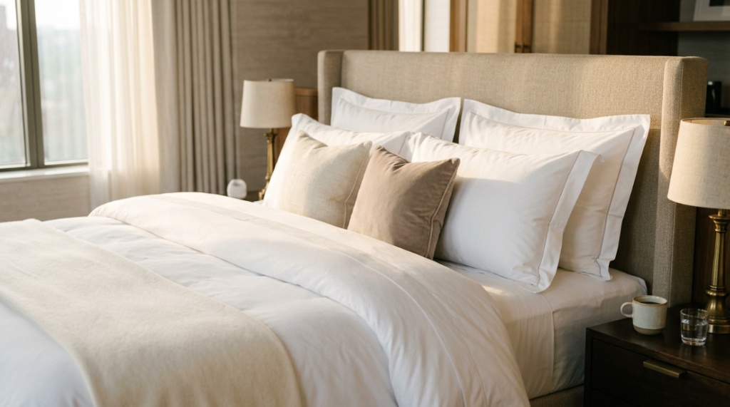 Person fluffing a plush white bed pillow in a cozy bedroom.