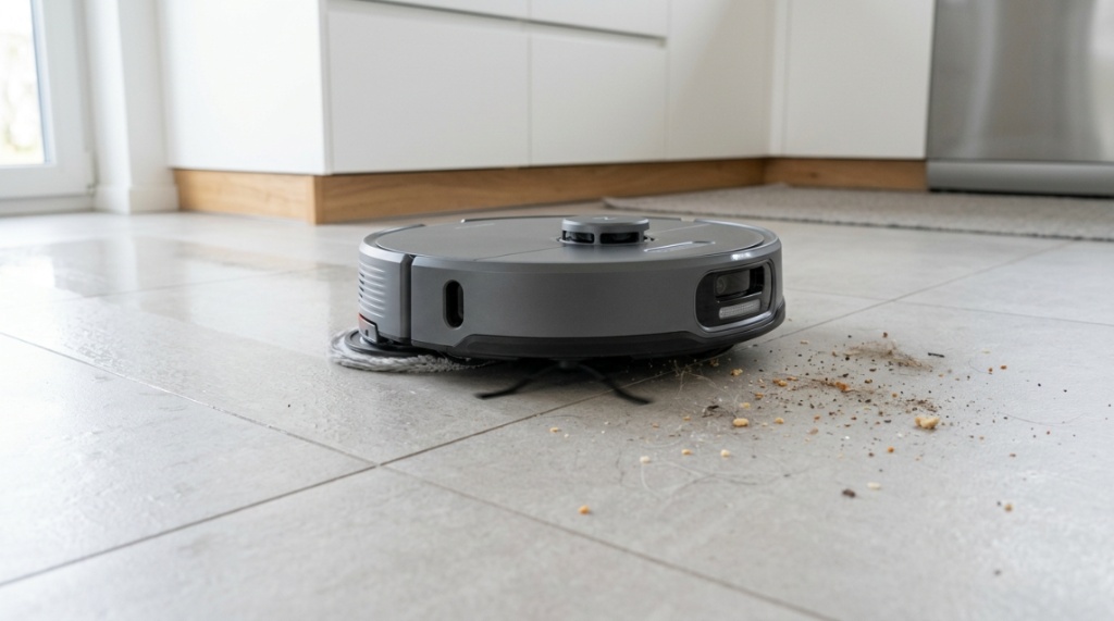 Robot vacuum and mop combo cleaning kitchen tiles.
