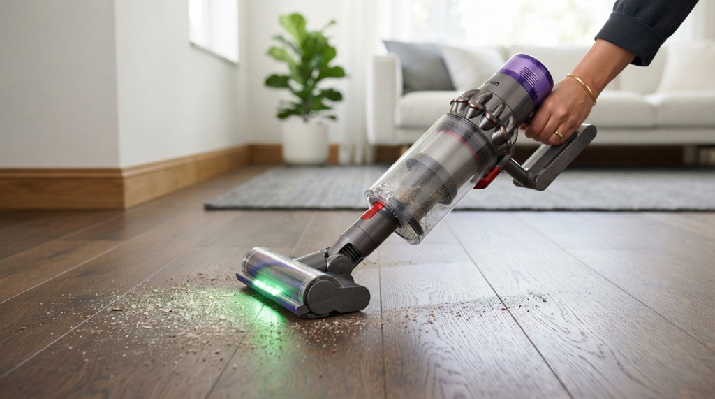 Close-up of a hand operating a cordless vacuum cleaner on hardwood flooring.