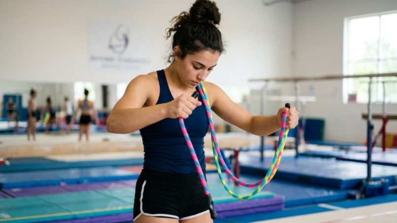 Vibrant rhythmic gymnastics rope coiled on a polished hardwood gym floor.