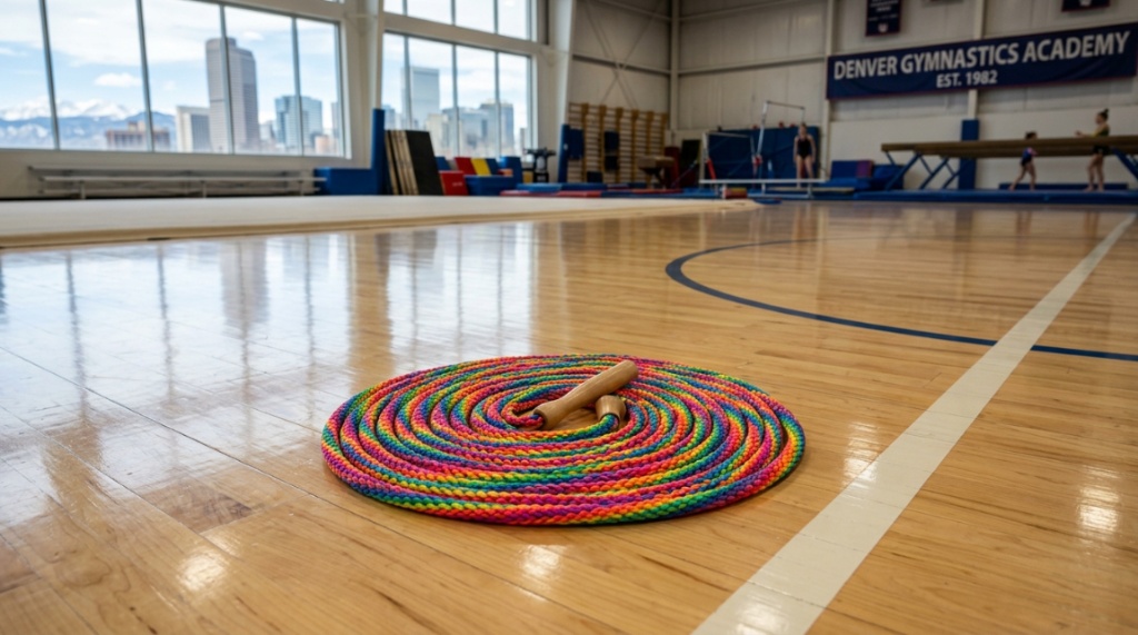 Female gymnast holding the ends of a colorful rope during practice.
